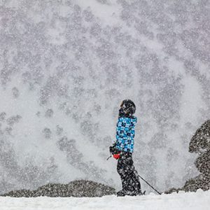 Child in skiing gear the snow on Mt Hotham